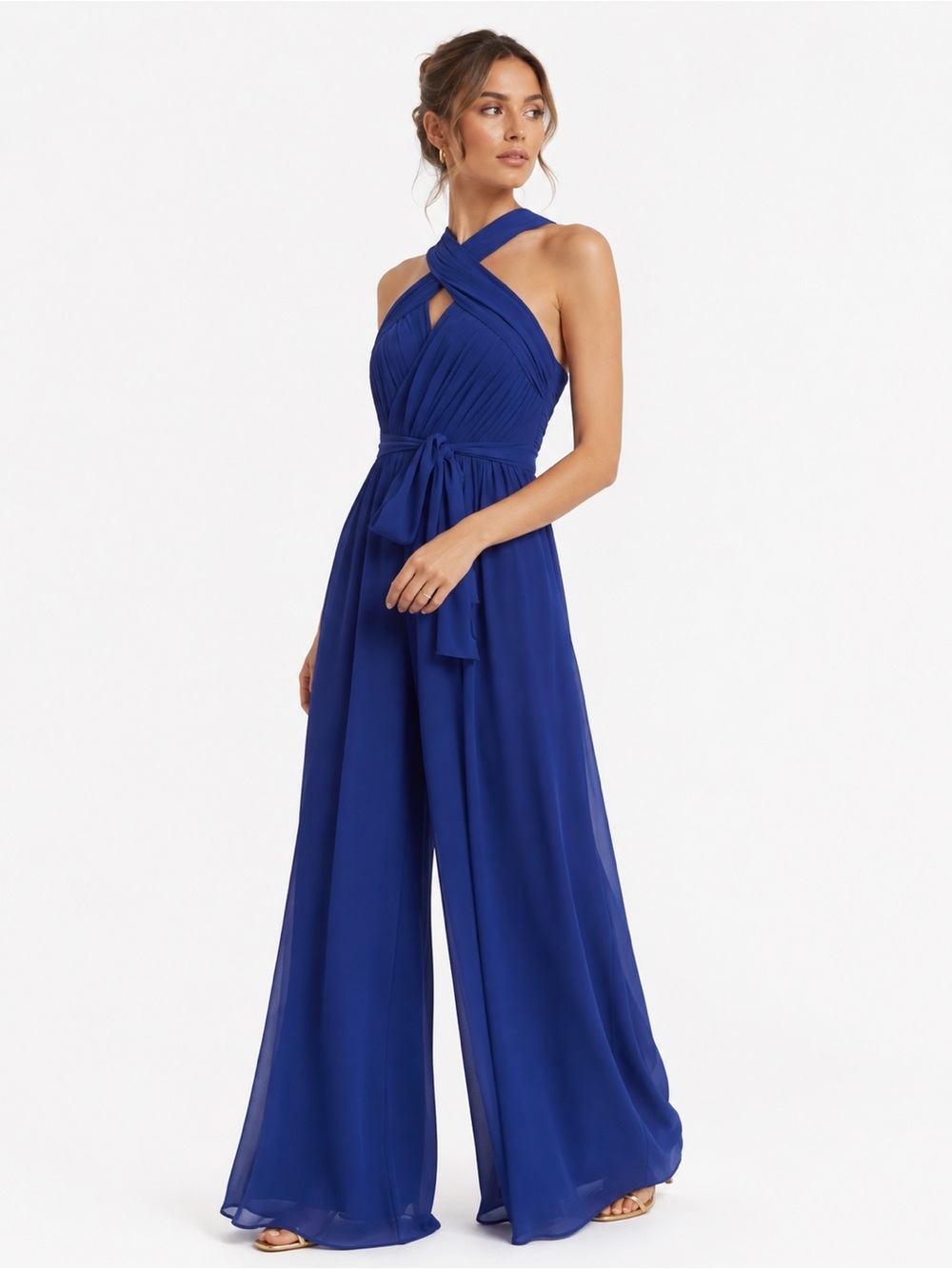 Badgley Mischka Crossover Halter Wide-Leg Jumpsuit in Royal Blue